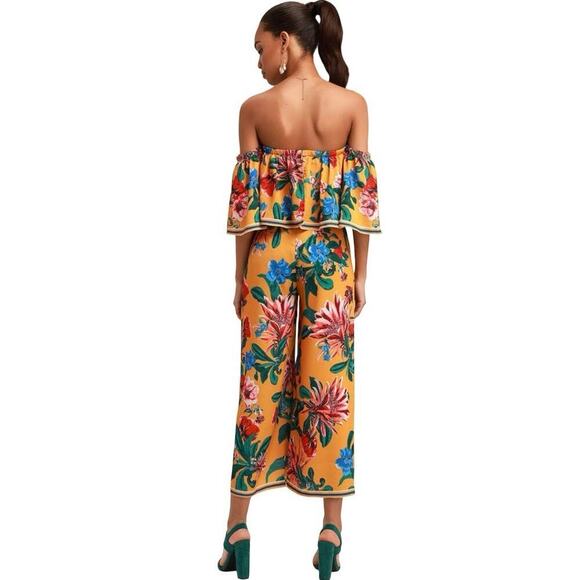 Lulus Women’s Honolulu Golden Yellow Floral Print Off Shoulder Jumpsuit Size S - Picture 2 of 8